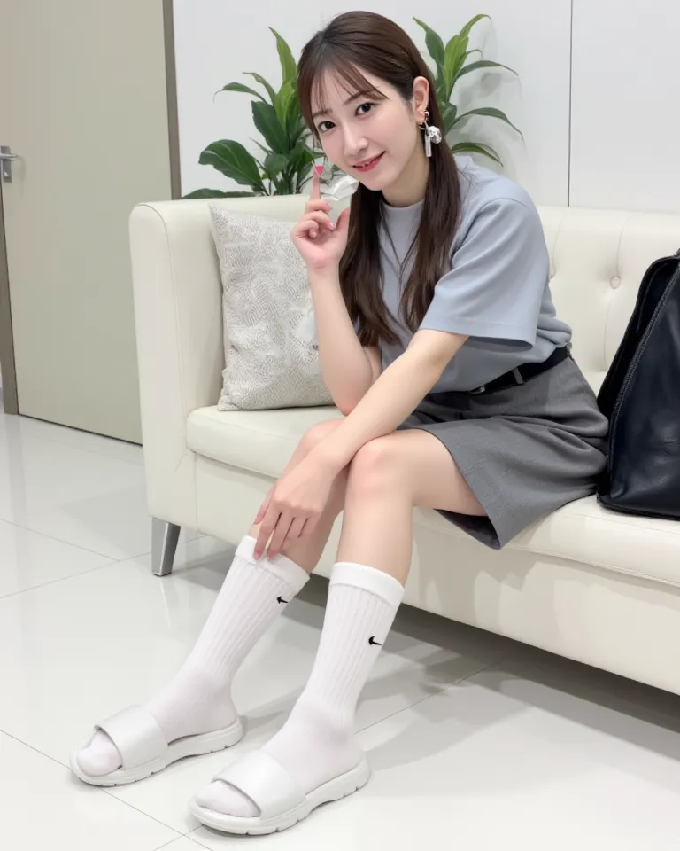 (    photorealism   :1.2)、 full body portrait 、sniffing rich white high school socks 。  beautiful日本人モデル、39;  thick legs、  woman  、39;    Nurse Uniform     、   business files、I'm wearing a security card around my neck　white sandal shoes、smile、Bench on the W...