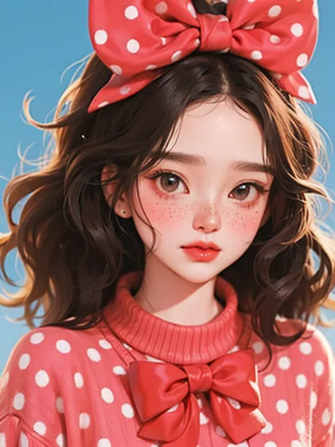 (masterpiece, woman:1.2),   A beautiful girl ， SKIN DETAILS ， Detailed eye drawing ，soft hair curly hair， Wear a large bow on the head ，polka dot sweater， small freckles， Contrasting retro colors 