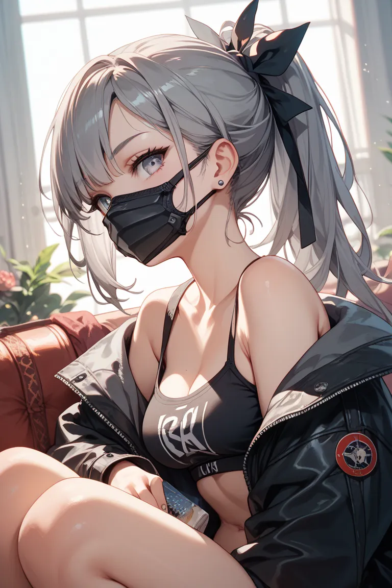 gray hair ponytail black mask black down