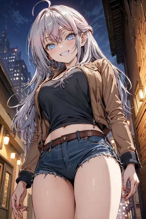 score_9, score_8_up, score_7_up,  source_anime, Alisa Mikhailovna Kujo, Alone,long hair, bungs, blue eyes,stupid hair, Gray Hair,half updo,Big Breasts,riders jacket, BLACK TANK TOP,underboom,belly button sticking,denim micro shorts,Bare legs,boots,put your...