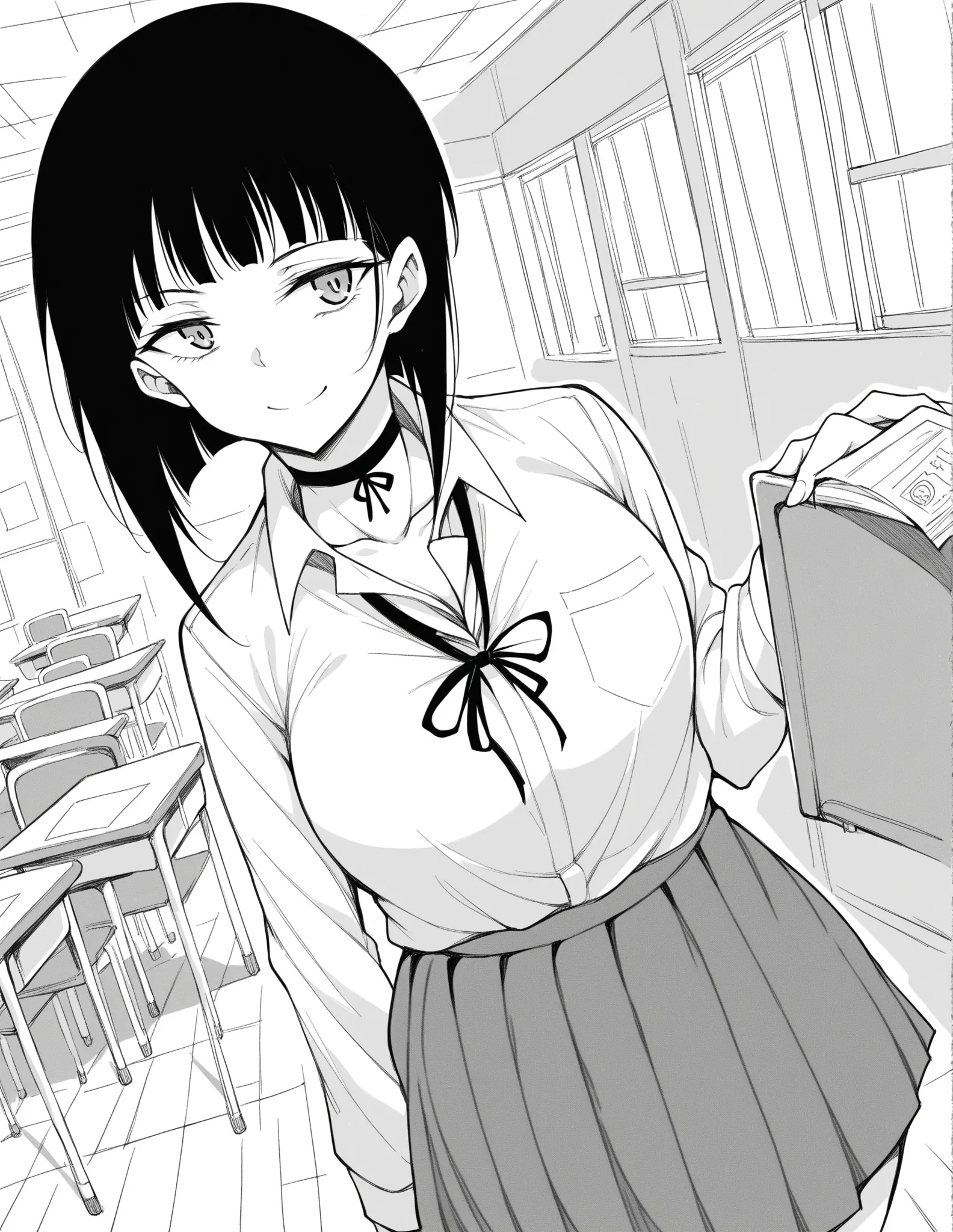 score_9, score_8_above, score_7_above, source_anime,
Miyabisenpai , miyabi senpai, short hair, fringe, monochrome,  shades of gray ,
skirt, shirt, long sleeve clothing, ribbon, school uniform blouse, pleated skirt,  choker, collared shirt, neck tie, black ...