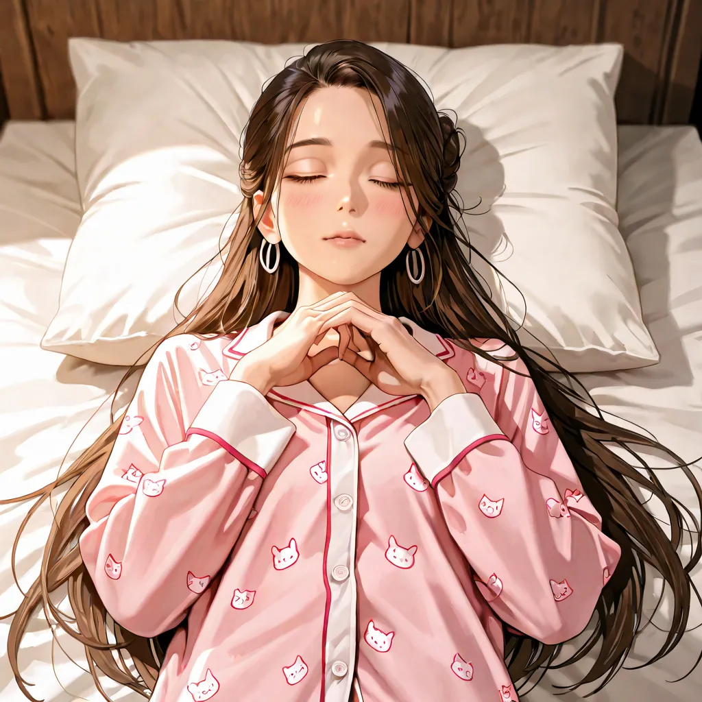 A realistic and detailed photo of a 20-year-old Thai woman, brown straight long hair tie in a bun , wearing Cartoon pajamas, She Close eyes. She  lie flat on your back with your head resting on a pillow on bed in bedroom and look at the right angle, She pu...