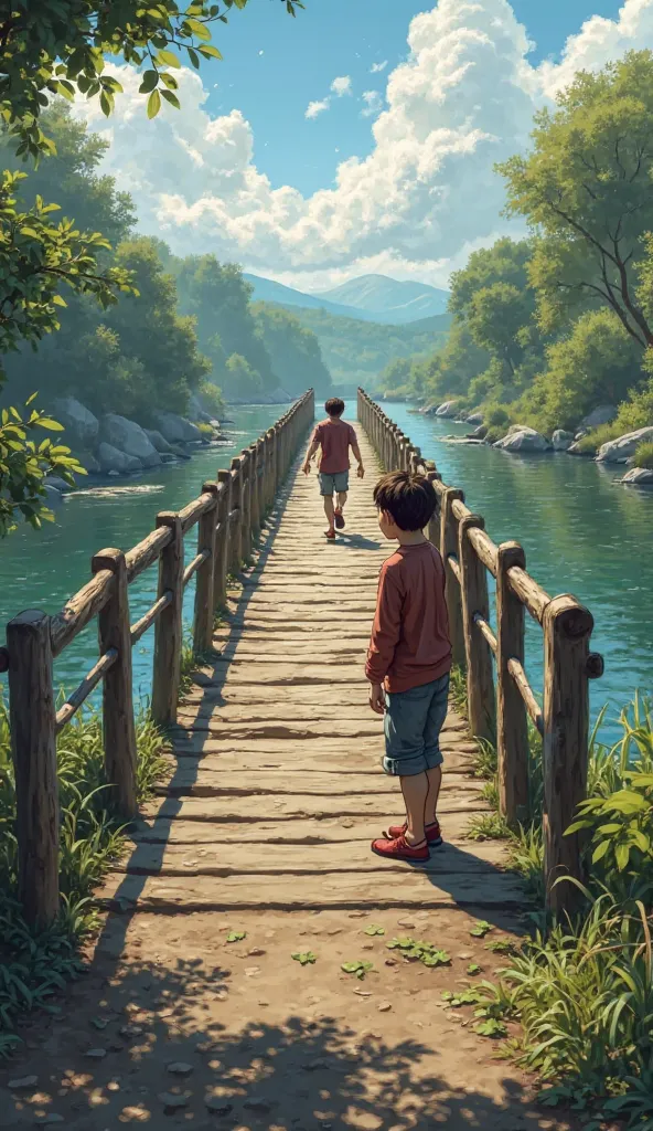 The next day, the brother steps outside, expecting to see a fence, but instead, a beautiful wooden bridge stretches over the river. His face shows shock and confusion. In the distance, the other brother is walking toward the bridge, looking hopeful.