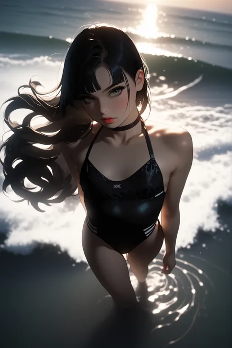 (Highest quality, 8k, 32K, masterpiece, Ultra-high resolution,:1.2),born, One girl,Super cute , Natural light,Clear, shining eyes, 20-year-old ,Fair skin, Black Hair, Medium Hair, ponytail, Bold Swimsuit