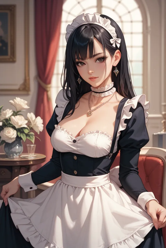 Girl in maid dress and necklace with black hair and fringeless black eyes