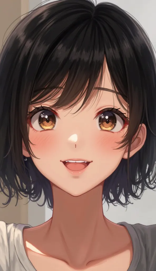 smile,  black hair, high resolution,  short hair , 