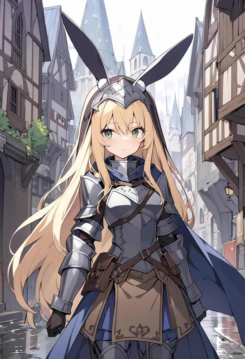 1girl, blonde long striaght hair, blonde rabbit ears, green eyes, armored, adventurer clothes, serius face, in a rainy medieval city, good anathomy, and black gloves