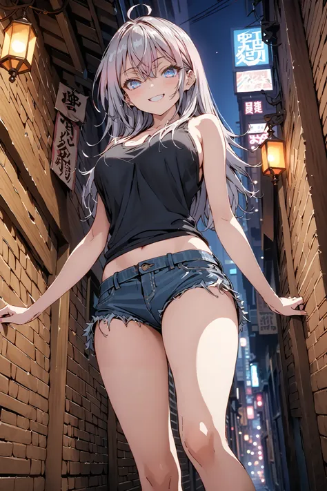 score_9, score_8_up, score_7_up, source_anime, Alisa Mikhailovna Kujo, Alone,long hair, bungs, blue eyes,stupid hair, Gray Hair,half updo,Big Breasts,riders jacket, BLACK TANK TOP,underboom,belly button sticking,denim micro shorts,Bare legs,boots,put your...