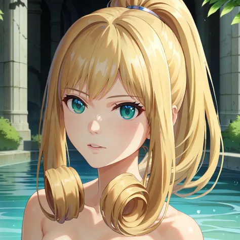 score_9, score_8_up, score_7_up, 1girl, solo, portrait, close-up, ,, melia antiqua,medium hair, teal eyes, ruins and water background ,blonde hair,golden hair,perfect hair,glossy hair,smooth hair,shiny hair,,detailed hair,cowboy shot,slim body,small breast...