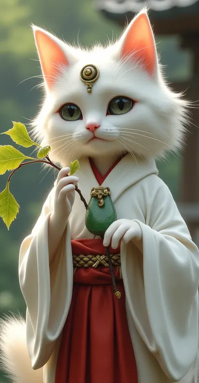 A white-haired female cat dressed as the mysterious Himiko。She has big eyes and a gentle face、ancient Himiko, the shaman queen of Japan,、traditional hoodie（and is made of a single piece of clothing that covers the shoulders without a collar、(Does not wear ...