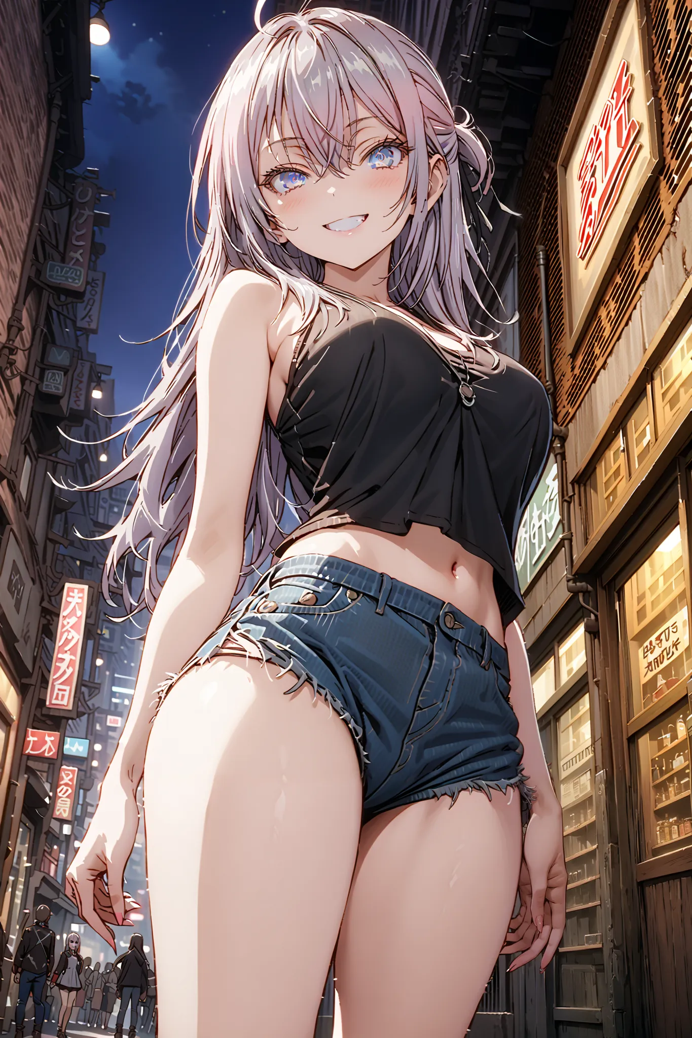 score_9, score_8_up, score_7_up,  source_anime, Alisa Mikhailovna Kujo, Alone,long hair, bungs, blue eyes,stupid hair, Gray Hair,half updo,Big Breasts,riders jacket, BLACK TANK TOP,underboom,belly button sticking,denim micro shorts,Bare legs,boots,put your...