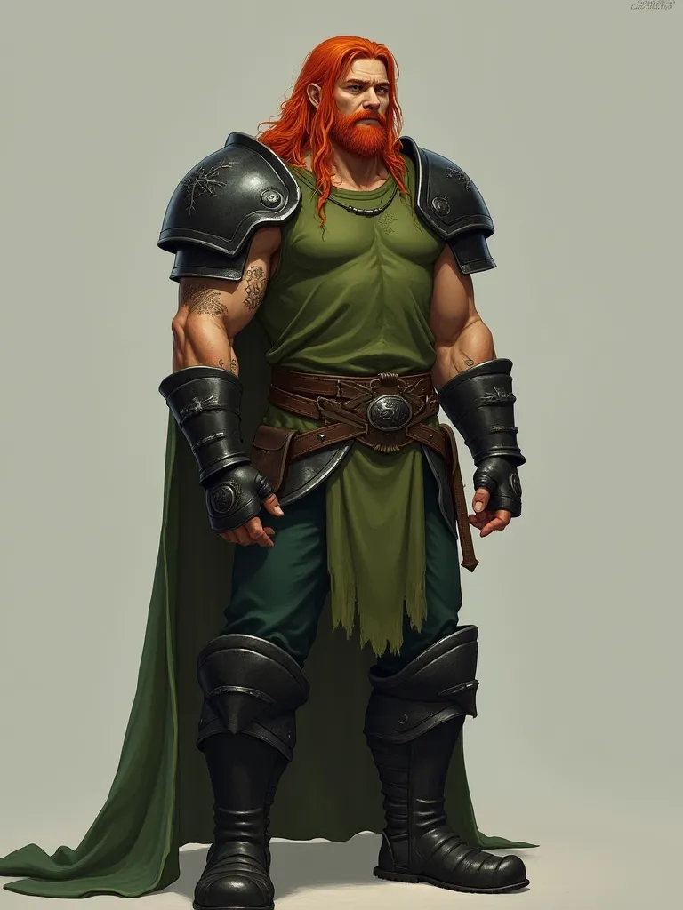 Throk has red and orange-red hair, shaving the sides. He wears a sleeveless green shirt, with large black shoulder pads, dark green pants with black boots and black armor like the rest of his tribe (mainly men).