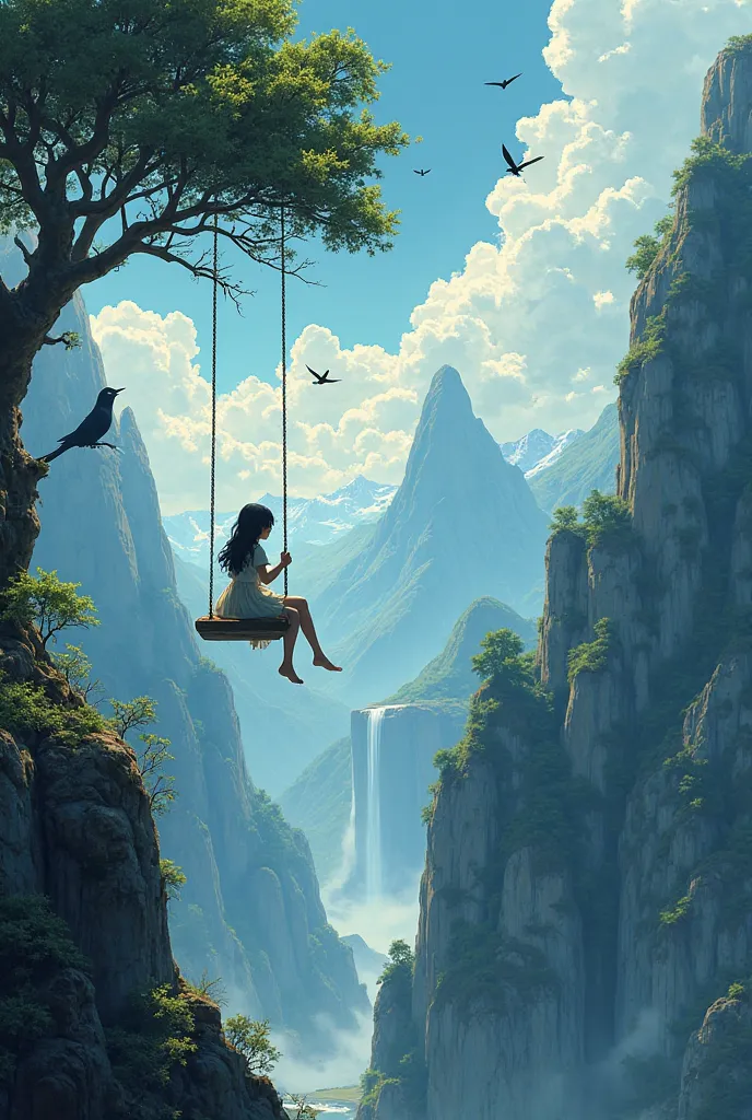 "A mysterious, shadowy figure, subtly resembling a  but not fully human in form, swings gently from a tree positioned between two towering mountains. The breathtaking landscape is inspired by the dreamlike, hand-painted aesthetic of Studio Ghibli, filled w...