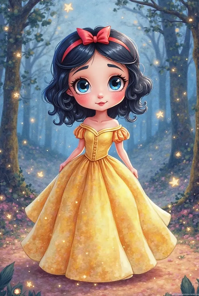 (Snow white illustration :1.6)(cute version  :1.0)(2D watercolor :1.5)( hand drawing ) (big, shiny eyes1.0)(evening dress)