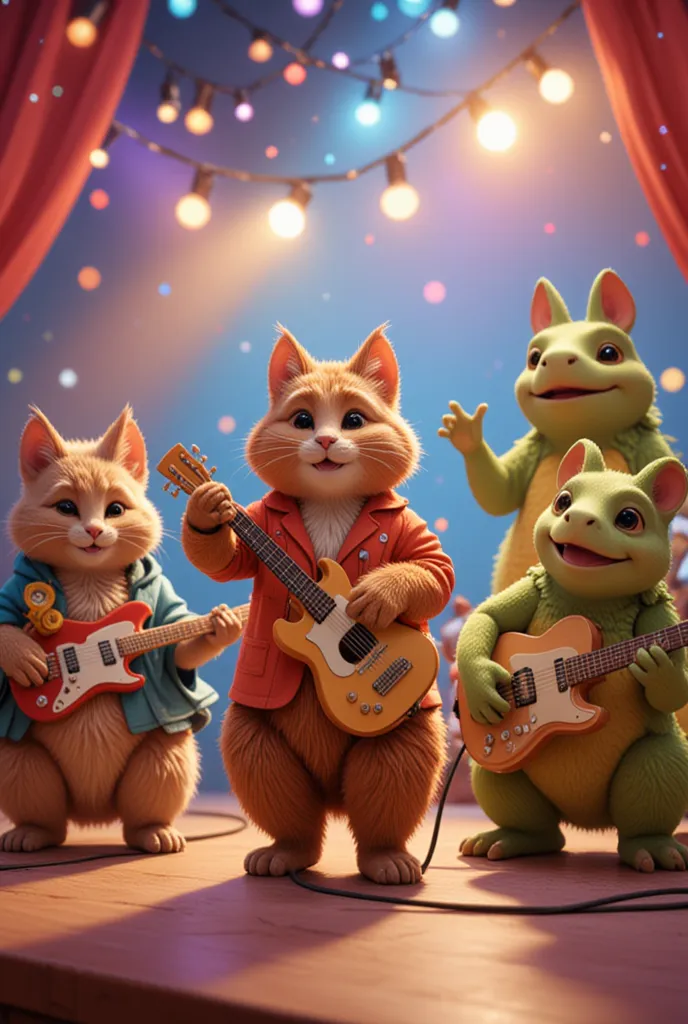 The cat is on stage playing her guitar plays Rosa and next to her the bear plays her keyboard and next to her the fox dances and the frog plays bass drum the front is the macaw playing the guitar