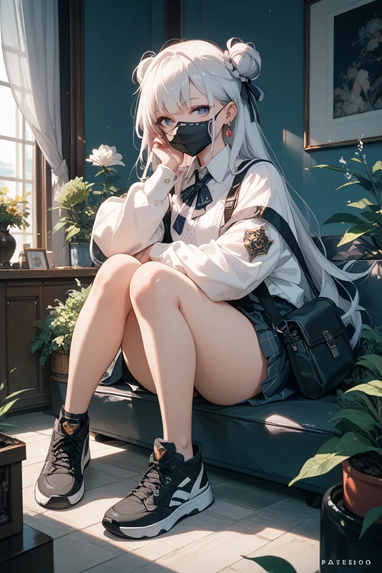 White hair, double knot, black mask, black down, full body sitting