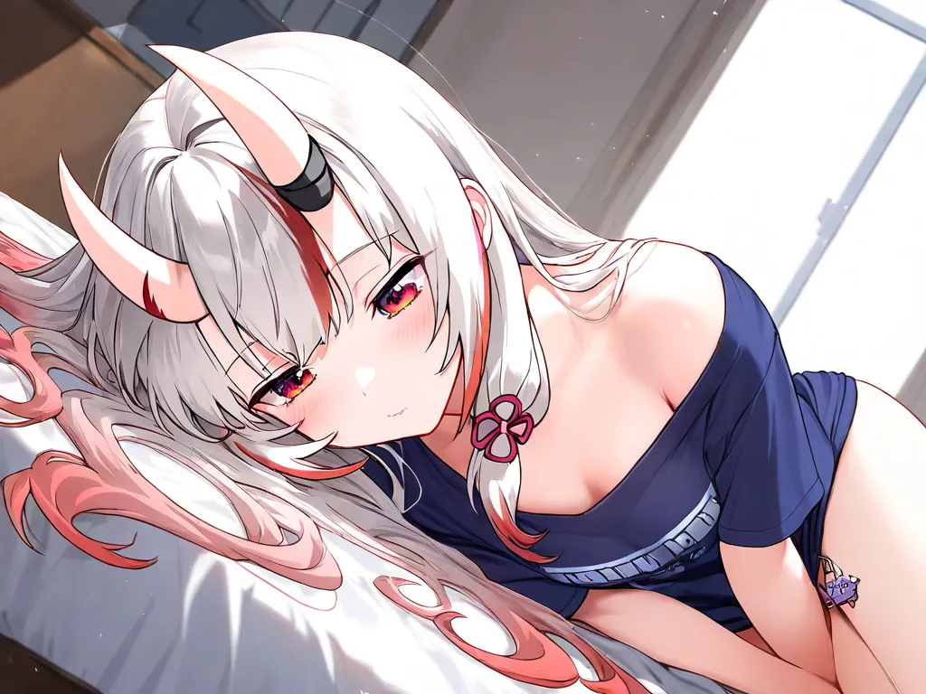 ((Nakiri Ayame)),Girl, long hair, ,alone,masterpiece,Best Quality,school sports t-shirt,f cup chest , off shoulder, lie down on bed,[ day time ,Japanese bedroom ,red face, Sleepy face , Sexy Charm ), dutch angle, between legs,solo