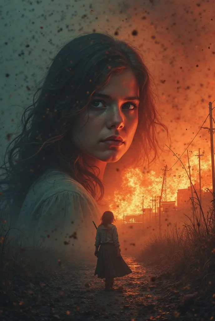 a movie poster. a girl who's getting bullied in the left side while in the right side she's killing someone and in the middle of a burning village  and add an overlay on the top that hints of injustice 
