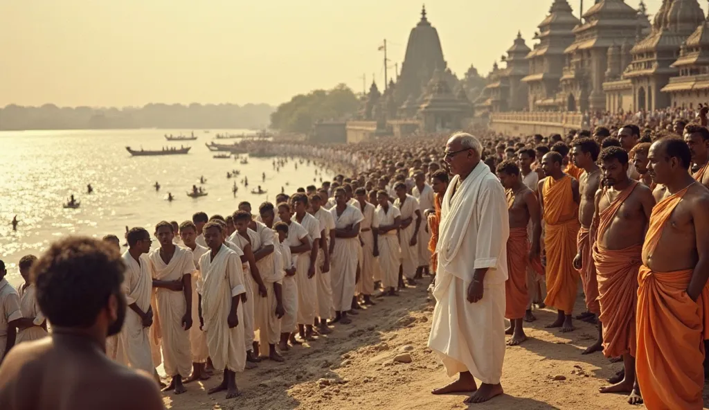 powerful scene of Dr. B.R. Ambedkar standing firmly at the banks of the Godavari River in 1927, leading a large group of Dalit followers. They wear simple white traditional attire and look determined yet hopeful. Opposing them, upper-caste men in saffron d...