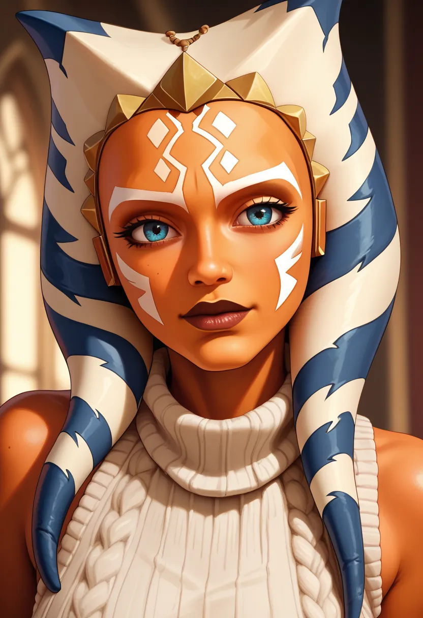 (masterpiece, best quality), 1girl, beautiful face, ahsoka_tano, orange skin, facial mark, tattoo, virgin destroyer sweater