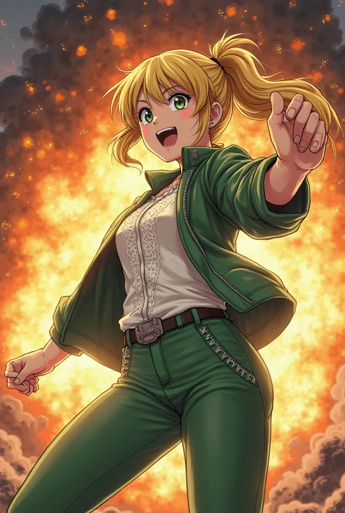 depicts a character with blond hair in a ponytail。The character wears a green jacket and pants、posing for action。There is a big explosion in the background、fierce fire and smoke are drawn。This character's outfit is tight fitting、The white shirt worn under ...