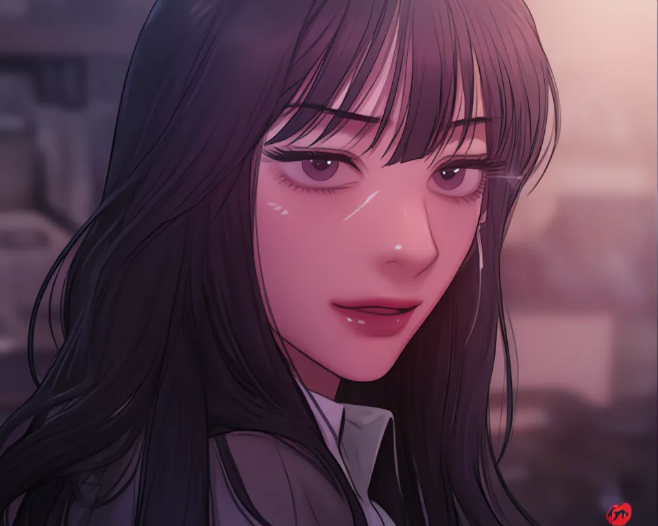 1 woman, long straight dark purple colored hair with bangs, has super straight hair, upturned eyes, has straight hair, purple eyes, glossy lips, eyelashes, sharp looks, sideways, 