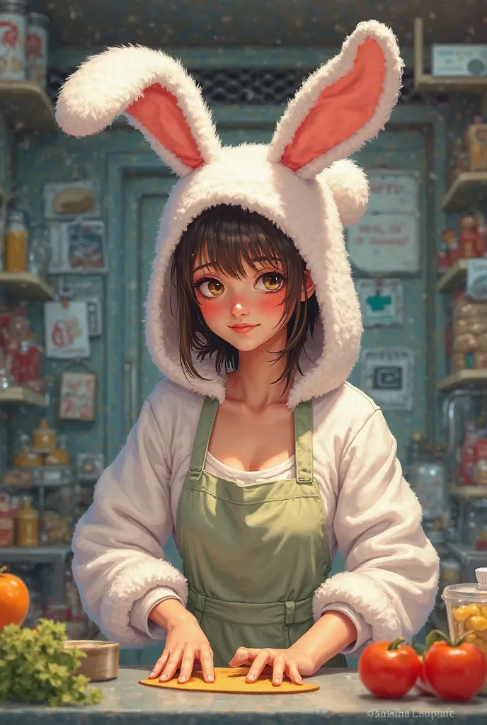 A woman wearing a bunny costume works part-time while sweating.