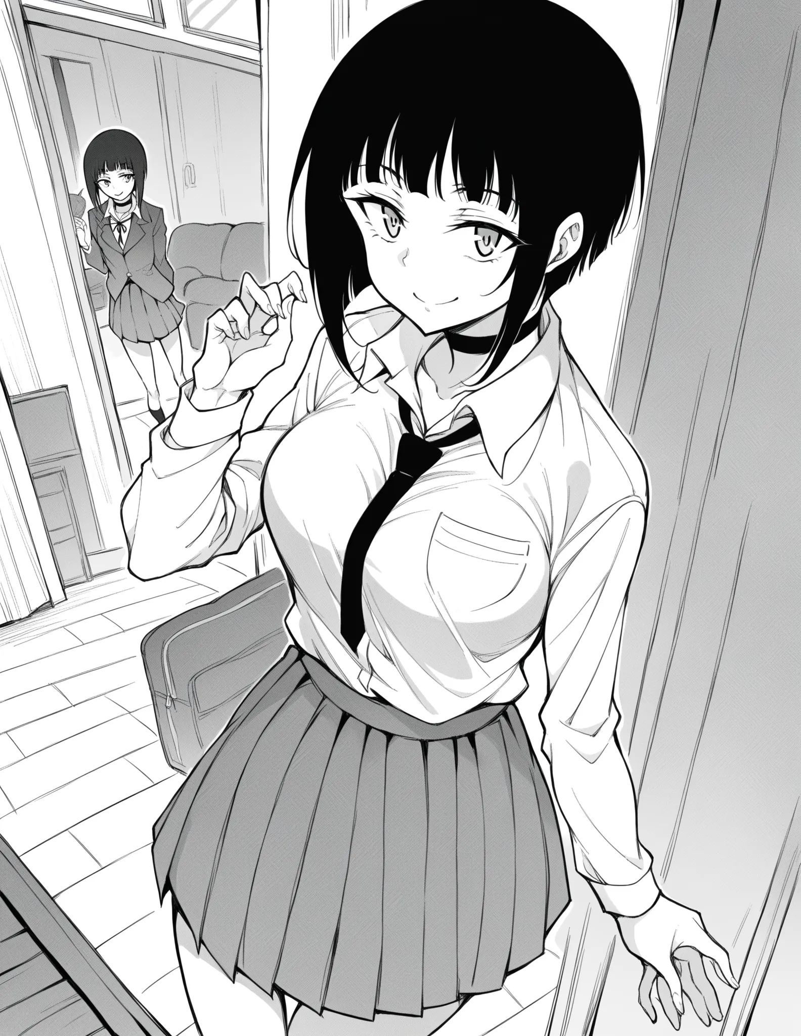 score_9, score_8_above, score_7_above, source_anime,
Miyabisenpai , miyabi senpai, short hair, fringe, monochrome,  shades of gray ,
skirt, shirt, long sleeve clothing, ribbon, school uniform blouse, pleated skirt,  choker, collared shirt, neck tie, black ...