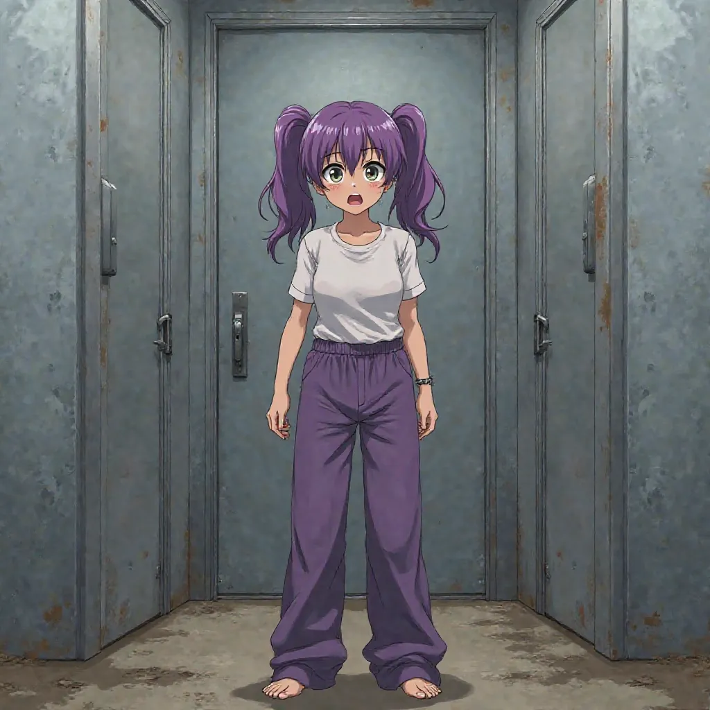 woman defecating in purple hair pants pigtails ass full of mud standing in front of public toilet door nervous facial expression anime style wearing panties facing backwards 