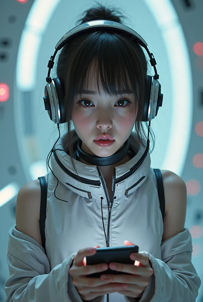 Girl with headphones that are not a helmet but a collar and a telephone in her hands