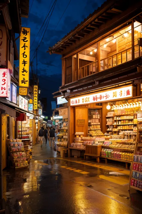 Background illustration of a suspicious dagashi shop in the shopping district at night