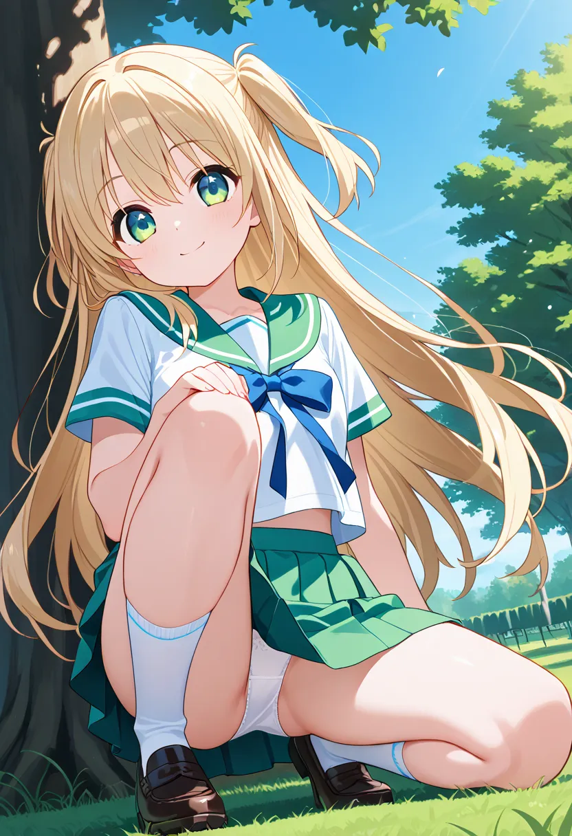 (white panties visible)、wearing a Japanese sailor uniform。Sitting on the grass in the park、 She is holding one knee tightly.、shows a happy and energetic smile。wears cute casual clothes with a miniskirt、and a pleated skirt that swings lightly creates a refr...