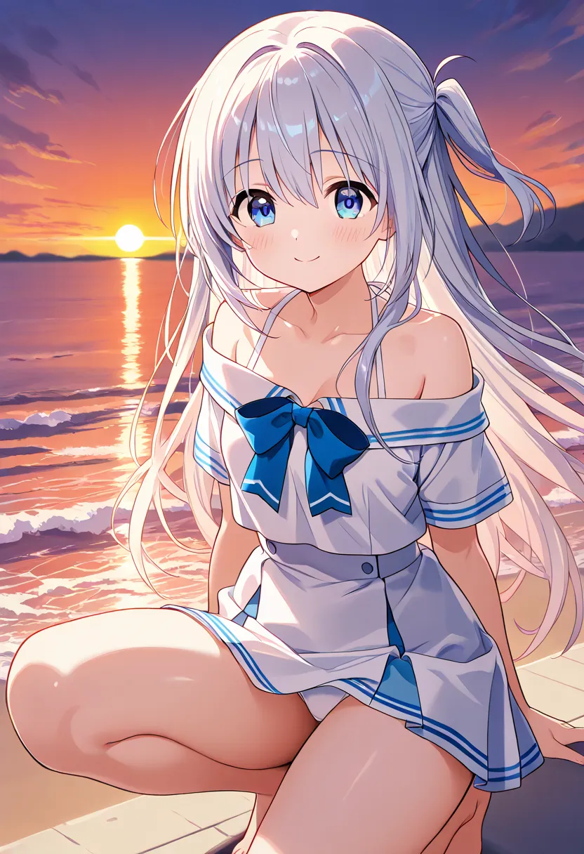 (white panties visible)、wearing a Japanese sailor uniform。At the beach at dusk、 She is holding one knee tightly.、with a slightly shy smile。A cute off-the-shoulder blouse、Romantic outfit with a fluffy mini skirt。Blown by the Wind、Her skirt and hair sway sof...