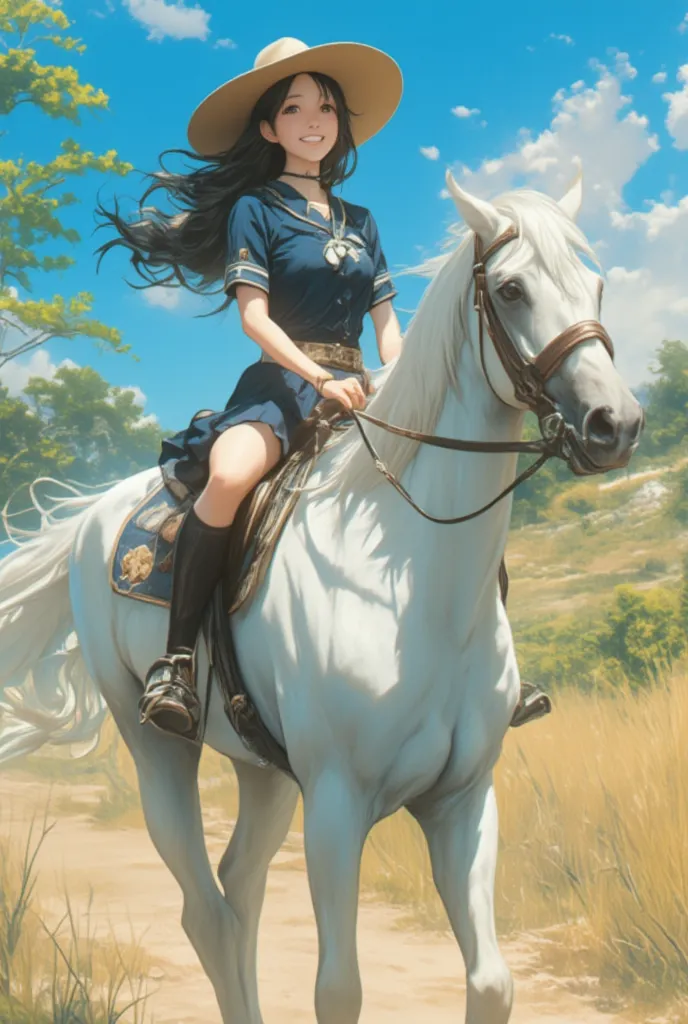 score_9, score_8_up, score_7_up, Angle that matches the subject's line of sight Wide-angle shot Slightly higher angle, looking at the camera  (High school girl riding a horse1:5)    Beautiful anime style portrait, Detailed portrait of beautiful anime style...