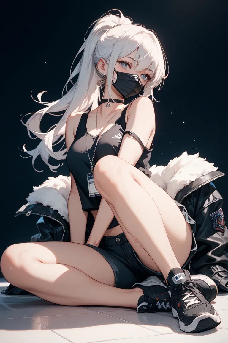 white hair twin ponytail black mask black down full body sitting black tank top background white