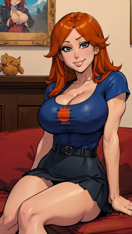 Orihime Inoue, schoolgirl, orange hair, big breasts, deep cleavage, dress slit on one side showing her thighs, sitting on a sofa, spreading her legs, bite tshirt. Tight blue tshirt, short blue skirt, garter belt and fishnet stockings, seductive look, cute ...