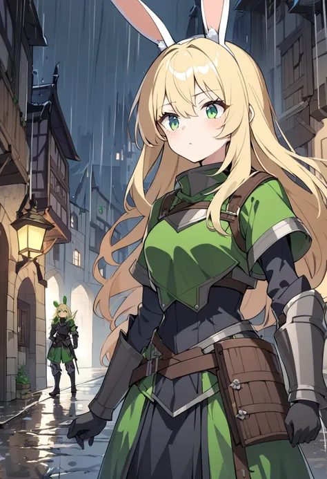 1girl, blonde long striaght hair, blonde rabbit ears, intense green eyes,  armored, adventurer clothes, serius face, in a rainy medieval city, good anathomy, and black gloves, 