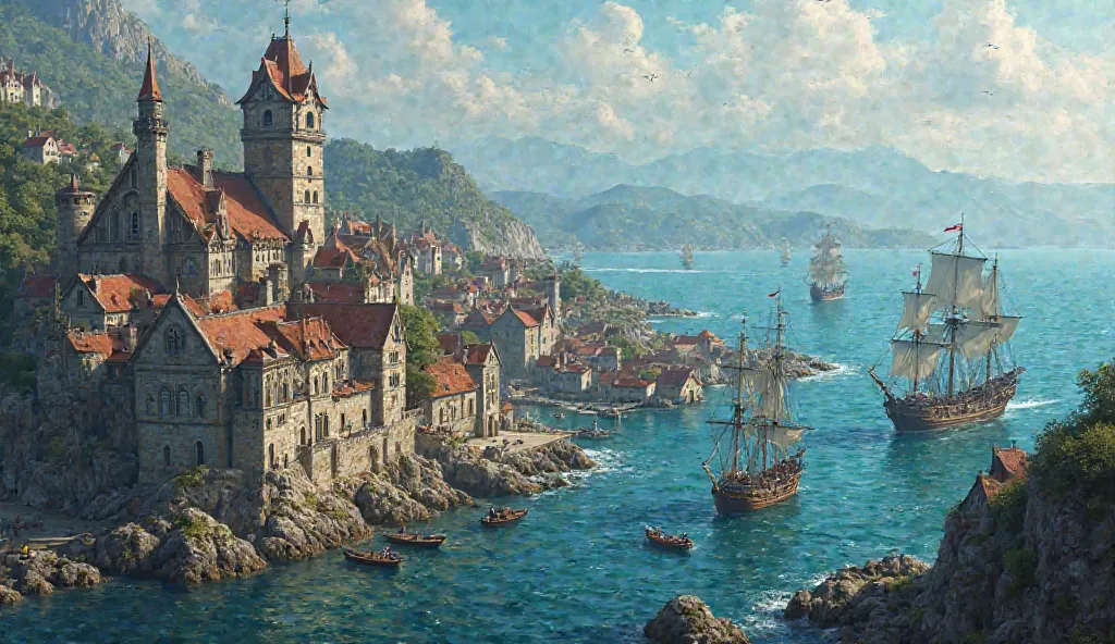 A port,  surrounded by huge body of water. cinematic, medieval style. Other islands are visible in the distance. Dnd artstyle, oil painting artstyle, front ground level shot. Eye level shot.
