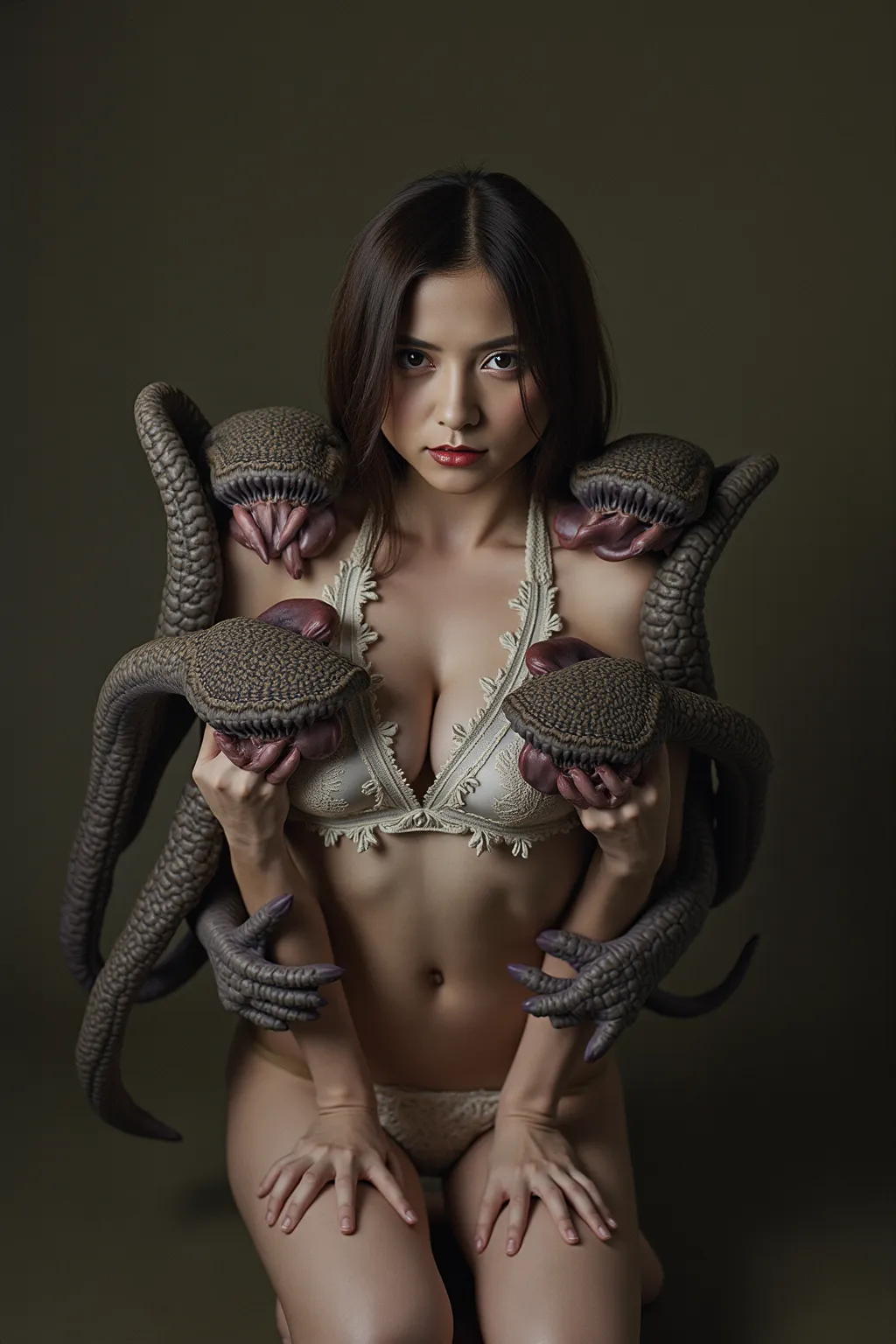 nsfw, monsters hold down one attractive and irreverent woman with their tentacles, Women's clothes are peeled off by tentacles,  beautiful breasts and nipples are exposed ．Monsters play with their pubic area with penis tentacles and have sex
