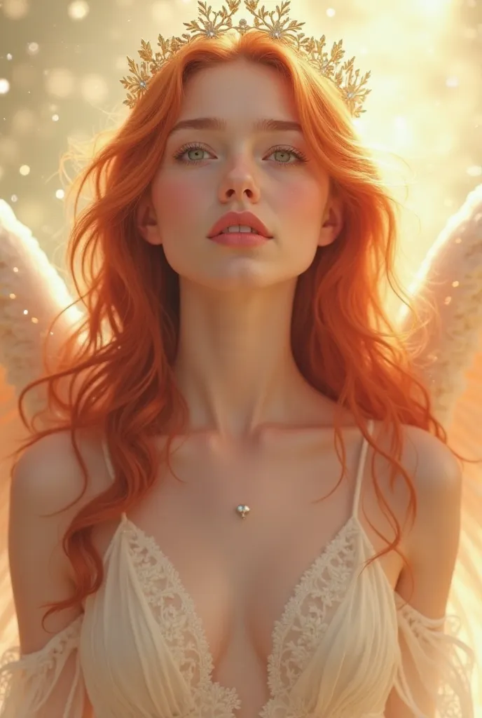 Beautiful red-haired angel with blouse and gold crown young woman girl 20 years old beautiful lips