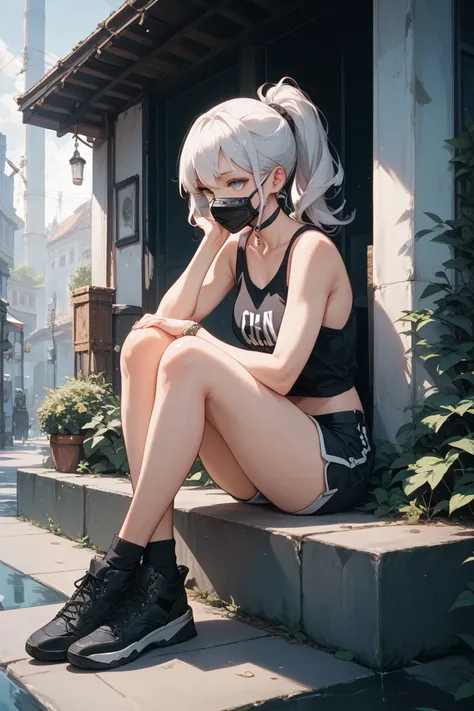 white hair twin ponytail black mask black down full body sitting black tank top background white cool