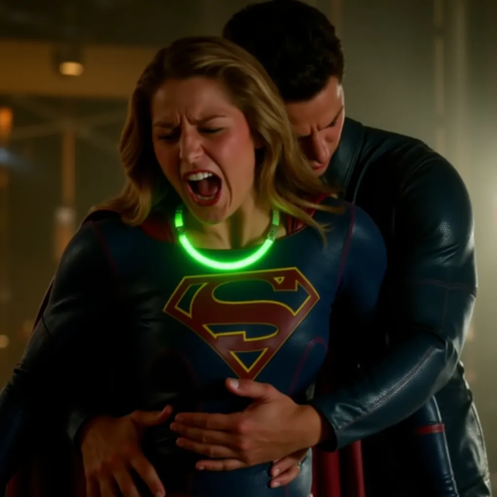 Melissa Benoist as Supergirl, she is sexual assault from behind by Lex Luther the villain, a green lighting collar on her neck, painful face, she is screaming in pain, Lex Luther is hugging her tightly from behind, he push his private part in to her body, ...