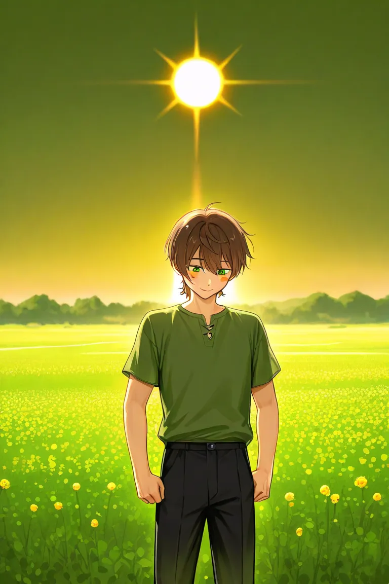 draw an anime character of a boy with short wavy redish brown hair, green eyes wearing a long dark green shirt and black trousers was standing in the middle of a green field, the sun was shining yellow, looking down and stretching one of his arms down with...