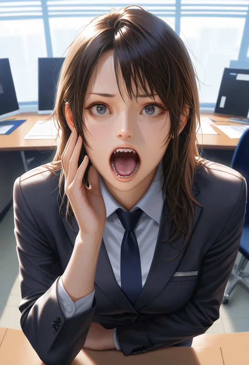 masterpiece, best quality, realistic, photo-realistic, images of Japanese women wearing office lady uniforms in high res, complicated details, sharp concentration, detailed face, (Focus on Your FACE),open your mouth wide,{{x}},at office,viewers, crawl unde...