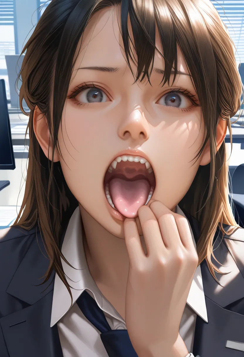 masterpiece, best quality, realistic, photo-realistic, images of Japanese women wearing office lady uniforms in high res, complicated details, sharp concentration, detailed face, (Focus on Your FACE),open your mouth wide,{{x}},at office,viewers, crawl unde...