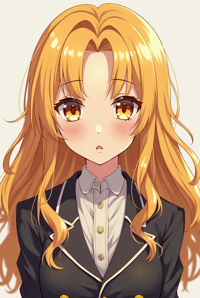 Girl Character　 Hair　eyes of gold　center parting　Long Wave Hair 　full body　front　 Japanese Anime Drawing　Fair skin　Strong-willed eyes　wise