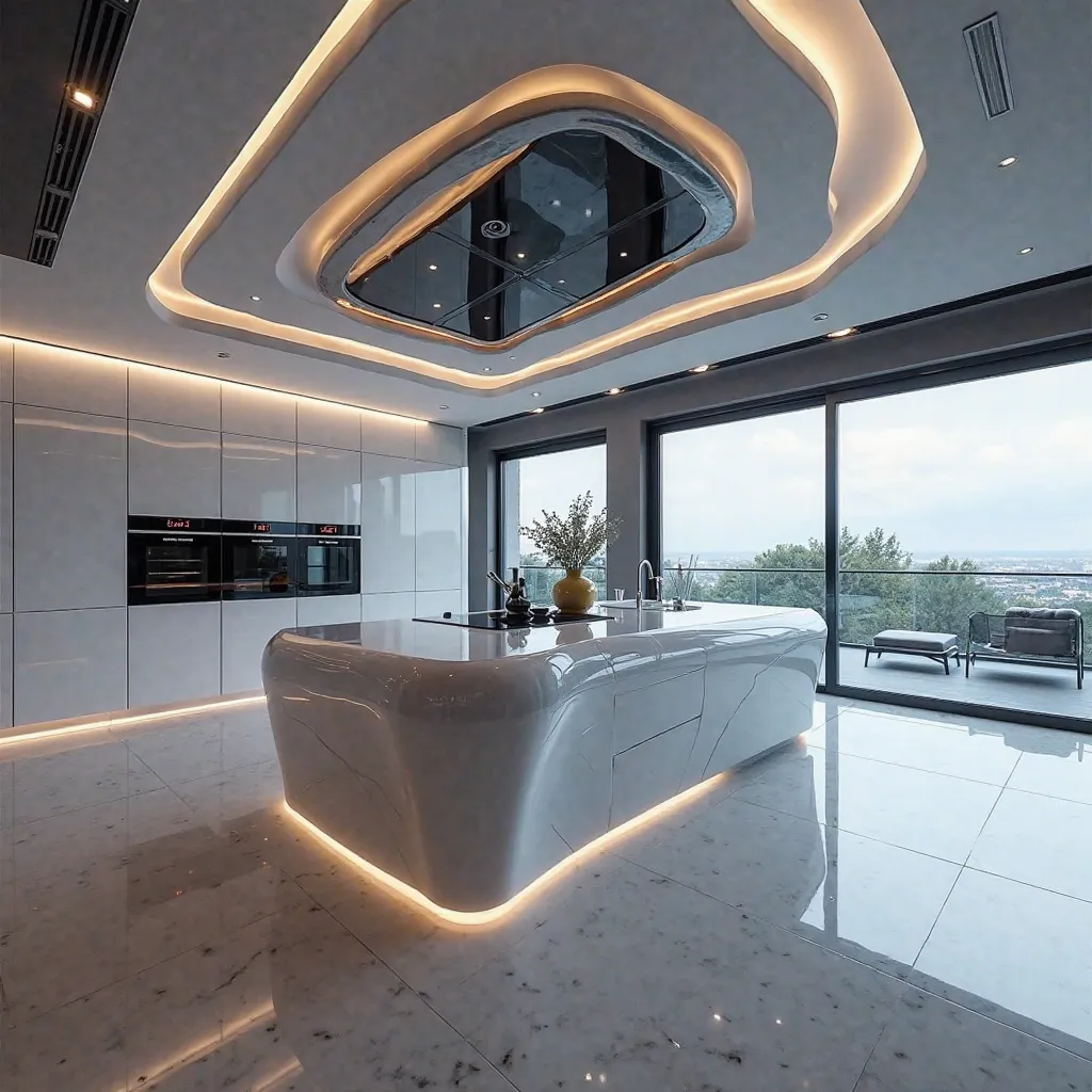 "Design a futuristic, ultra-modern kitchen optimized for entertaining, with a bold, cutting-edge aesthetic. The kitchen island is the star of the space, featuring a sculptural geometric form with LED under-lighting, creating a floating effect. The cabinets...