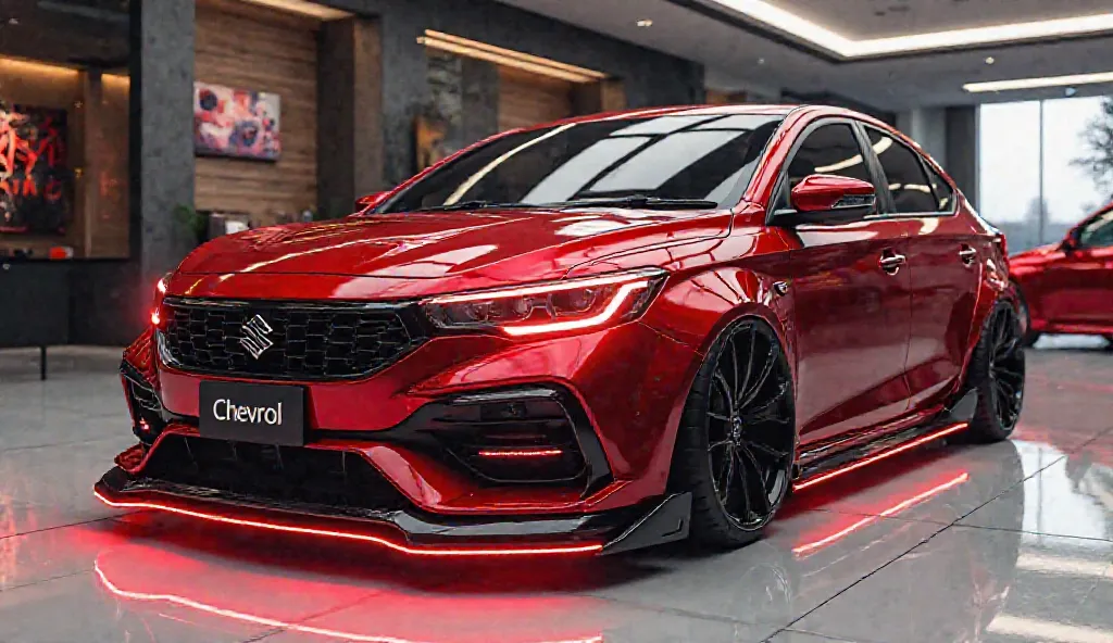 3D render of a heavily modified (  2025 Maruti Suzuki Ciaz)in (red  )colour, (full side view) The car features openig doors, ultra-high-detail glossy and shiny modifications, including sleek add-ons. The  (it2025 Maruti Suzuki Ciaz) logo is prominently dis...