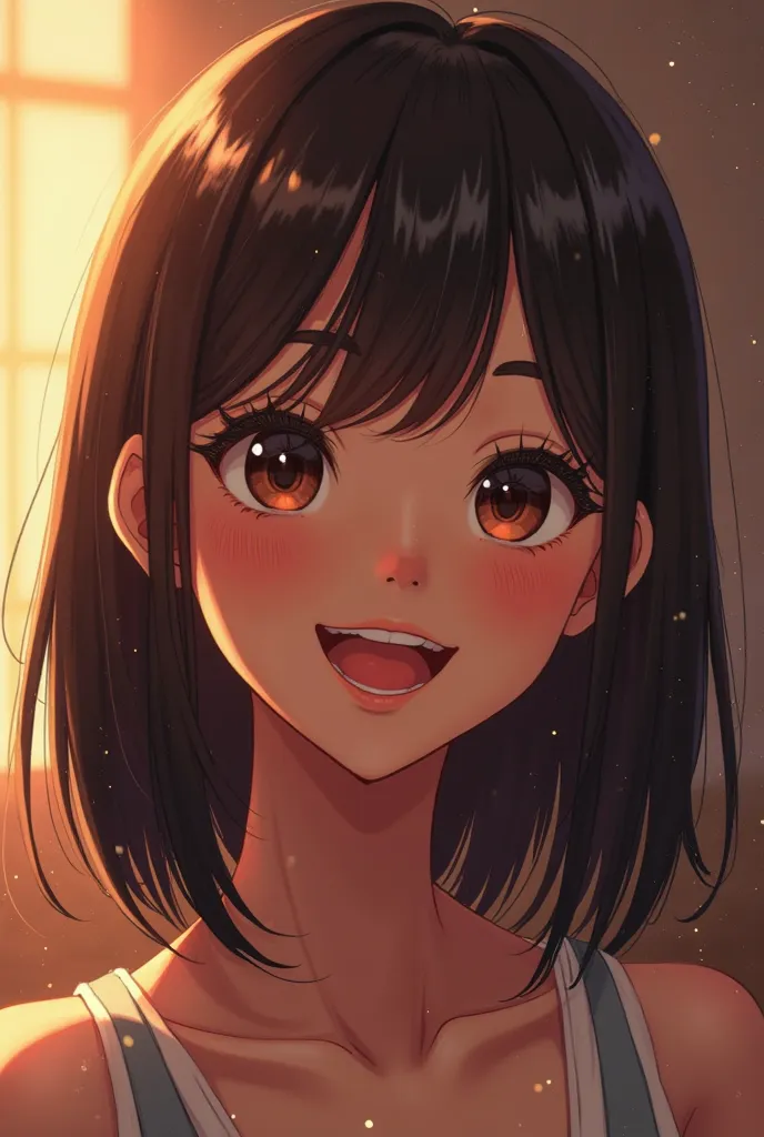  a dark-skinned girl with, Straight dark brown hair with a smile with the glow of the AnimeVery detailed cell phone, UHD, 