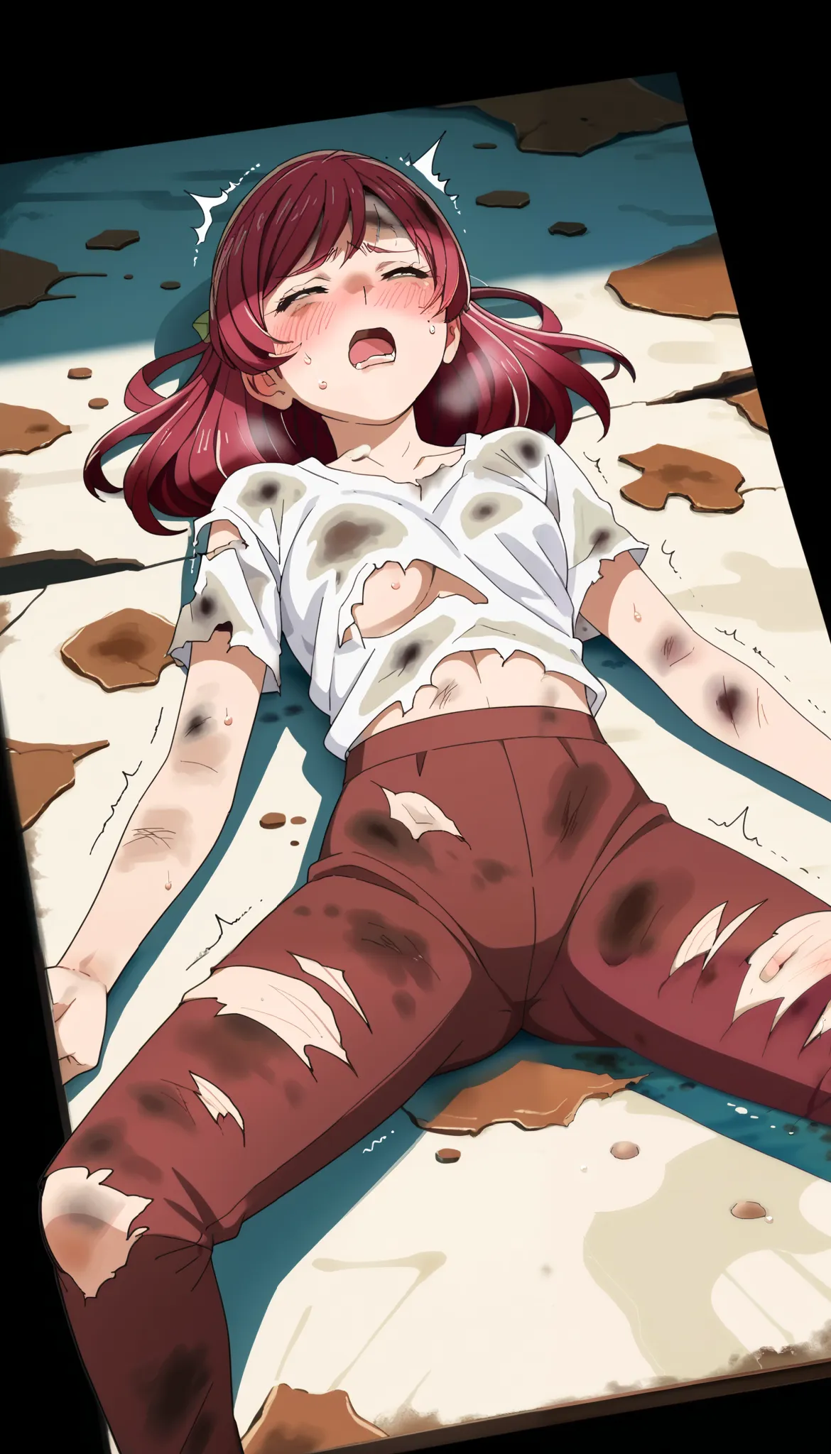 nsfw,1girl, solo, ((yumeharanozomi)), (damaged skin:1.3), (dirty clothes:1.1), (ripped clothes:1.2), (damaged clothes:1.4),anime colorings,(sweat, blush, closed eyes, open mouth:1.5),on back,spread legs,full body,girl trembling with pain,